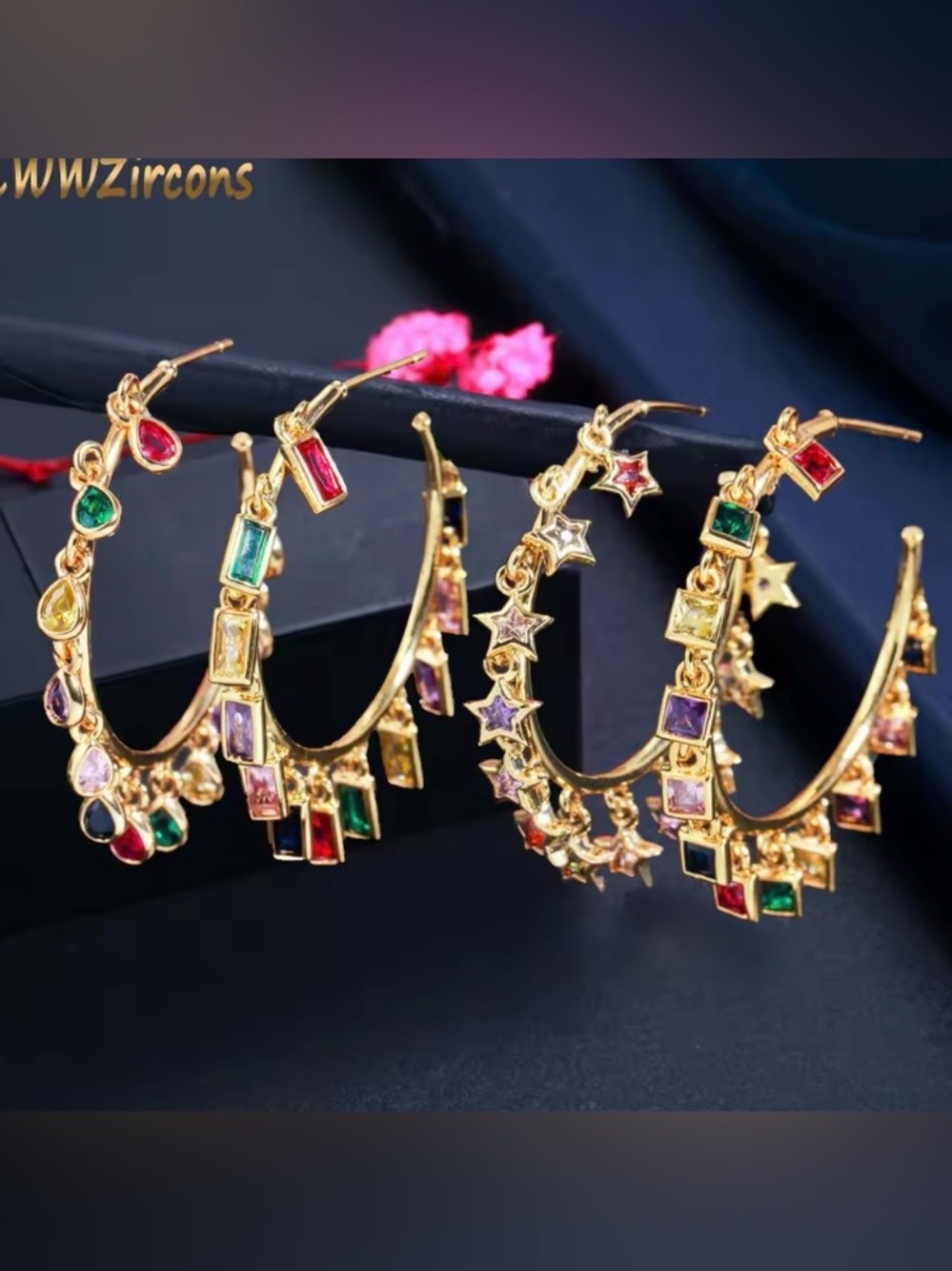 Chic Gold tone colorful boho CZ Circle Round Tassel Drop Charms Hoop Earrings